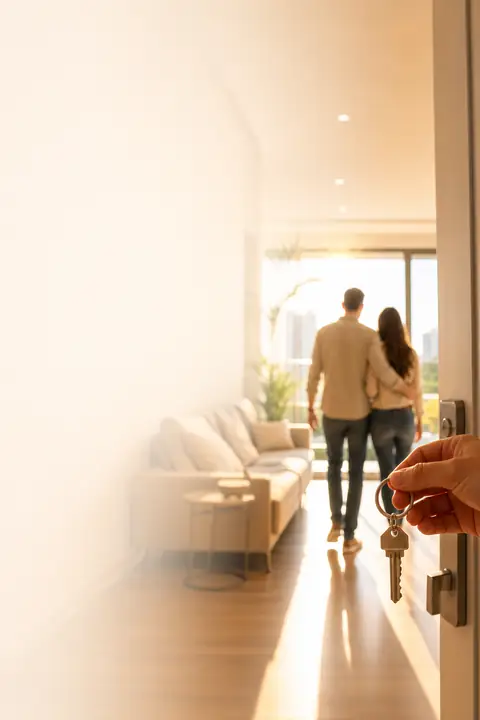 Casal entrando em um apartamento iluminado